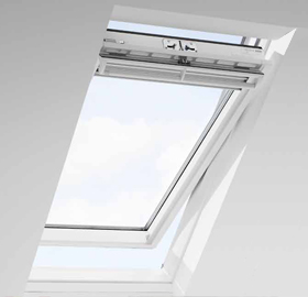 An open VELUX roof window, showcasing the sleek design and functionality.